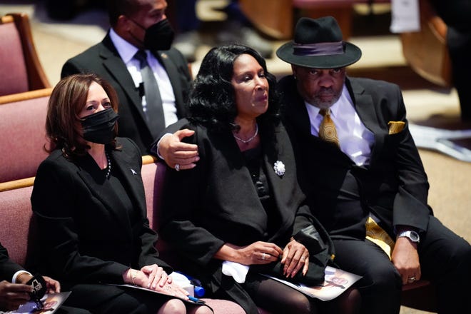 Vice President Kamala Harris sits with the parents of Tyre Nichols,  RowVaughn Wells and Rodney Wells during the funeral service for Tyre Nichols at Mississippi Boulevard Christian Church in Memphis, Tenn., on Wednesday, Feb. 1, 2023.