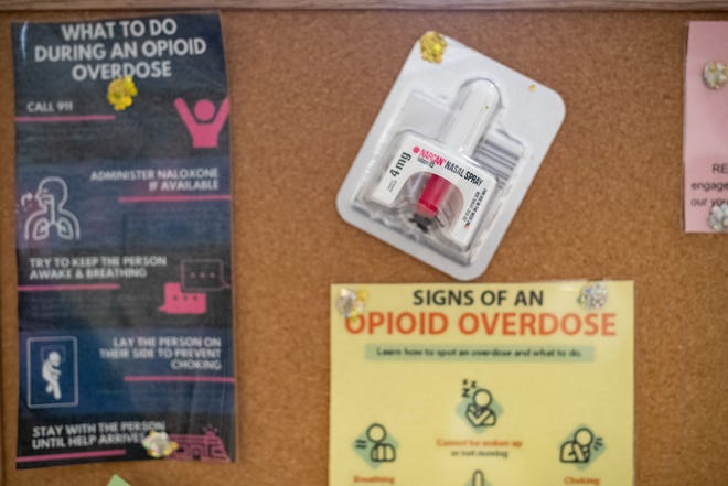 Angie Hatfield stands at her table setup in the Florida Capitol to speak with people about drug usage Tuesday, Jan. 24, 2023. She brings naloxone, the drug that reverses opioid overdoses and fentanyl test strips.