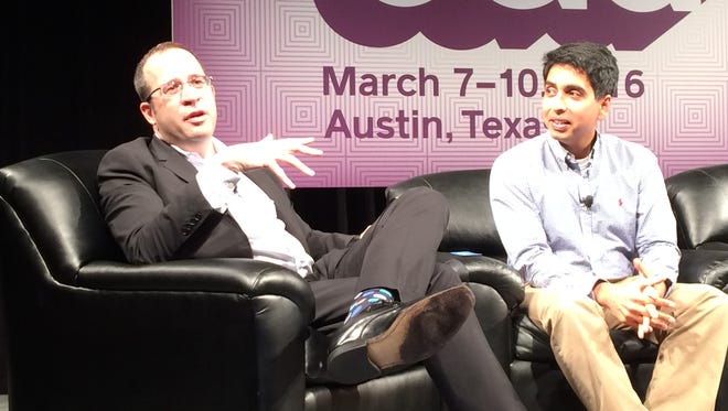 College Board President David Coleman, left, and Khan Academy founder Sal Khan speak at the South by Southwest Education about free test prep materials for the SAT.