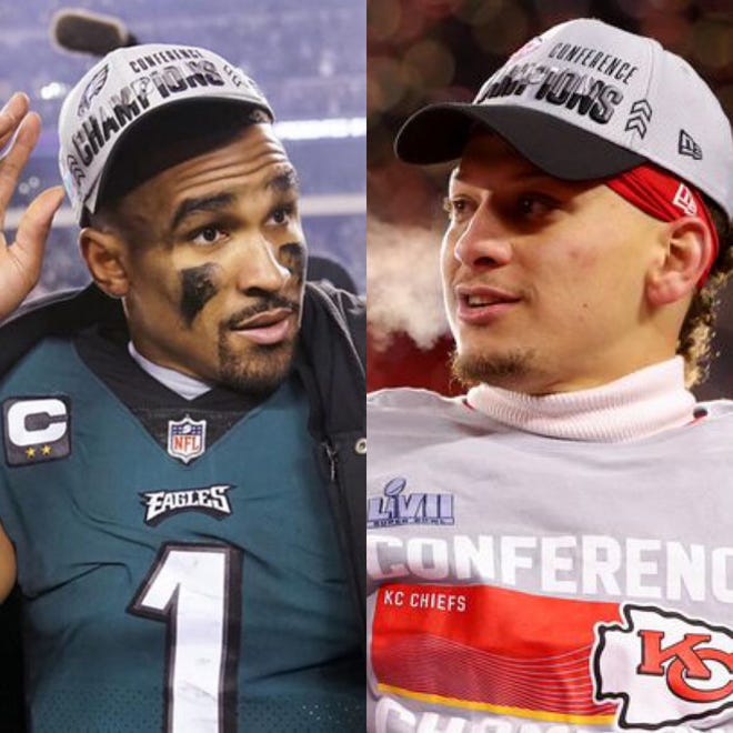 Philadelphia Eagles' Jalen Hurts (left) and Kansas City Chiefs' Patrick Mahomes (right) are the first black starting quarterbacks to play against each other in a Super Bowl