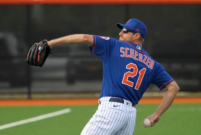 New York Mets pitcher Max Scherzer works out on the back field at Clover Park during the first day of the Mets spring training on Wednesday, Feb. 15, 2023, in Port St. Lucie. Wednesday is the first day reporting in for pitchers and catchers, along with some infielders arriving early for training on the back fields.