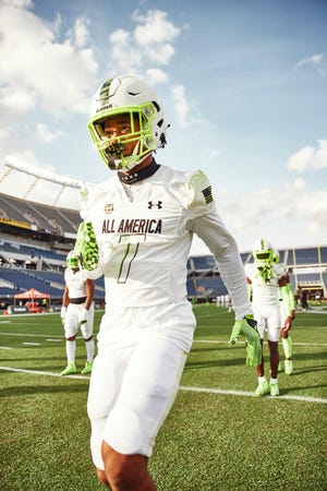 Bartram Trail grad and Florida signee Sharif Denson warms up ahead of the Under Armour Next All-America Game at Camping World Stadium in Orlando, Tuesday, Jan. 3, 2023.