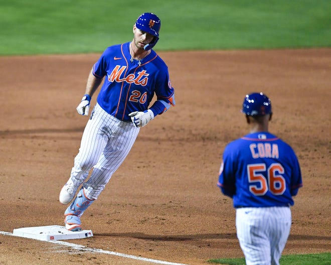 New York Mets' Pete Alonso (20) rounds third base after hitting a home run during the spring training season home opener against the Miami Marlins on Saturday, Feb. 25, 2023, in Port St. Lucie. The Mets played split squad games Saturday. The other half of the team played the Houston Astros in West Palm Beach.