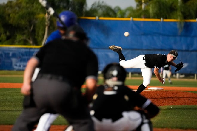 Jensen Beach's Chris Knier (13) throws a pitch against Martin County in a high school baseball game Thursday, April 14, 2022, at Martin County High School in Stuart. Jensen Beach won 2-0.