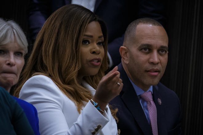 Sheila Cherfilus-McCormick (D-FL) and House Minority Leader Hakeem Jeffries (D-NY) at The Ben West Palm in downtown West Palm Beach, Fla., on February 20, 2023.