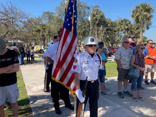 Hundreds gathered at Sebastian’s Riverview Park Feb. 26, 2023  for the unveiling of a Prisoner of War/Missing in Action monument sponsored by Sebastian Squad 189 of the Sons of the American Legion. The monument, placed surrounding the flagpole with other monuments in the park, was funded entirely by local donations. The monument is part of the Squadron’s Legacy Program that seeks to recognize veterans and their families.