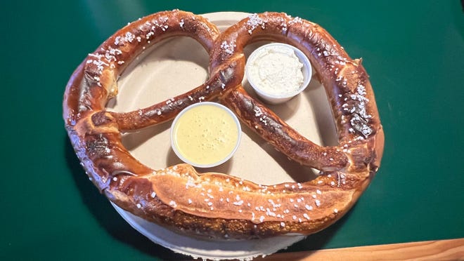 The Bavarian pretzel was soft and chewy and served with a cheese spread and a spicy honey mustard sauce.