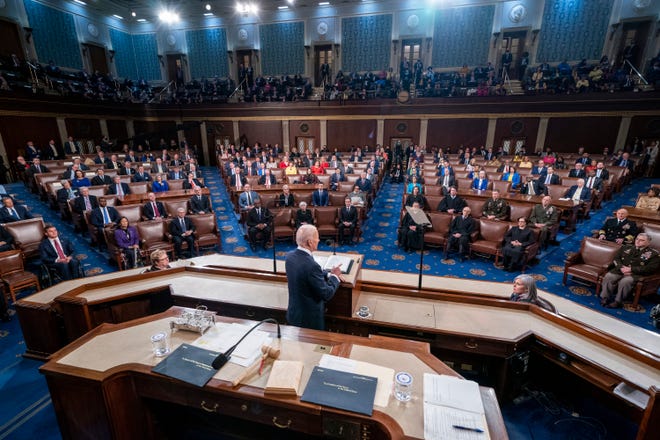 President Joe Biden delivers his first State of the Union address to a joint session of Congress at the Capitol, March 1, 2022.