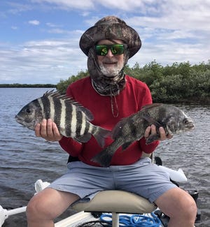 Art Mowery sent along this picture of visiting Pennsylvanian Gene Zartman, showing off catches of sheepshead (left) and black drum, both caught in the Edgewater area of the ICW.