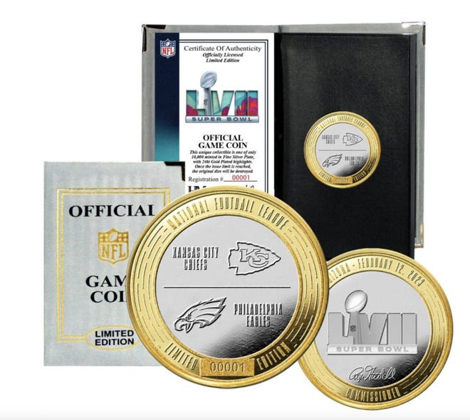 The Highland Mint in Melbourne manufactures the coin that is flipped prior to the Super Bowl. For Super Bowl 57, the coin features the Kansas City Chiefs and Philadelphia Eagles.