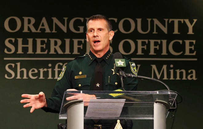 Orange County Sheriff John Mina addresses the media during a press conference about multiple shootings, Wednesday, Feb. 22, 2023, in Orlando, Fla. A central Florida television journalist and a little girl were fatally shot Wednesday afternoon near the scene of a fatal shooting from earlier in the day, authorities said. Mina said that they’ve detained Keith Melvin Moses, 19, who they believe is responsible for both shootings in the Orlando-area neighborhood.