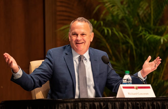 Richard Corcoran, then Florida Education Commissioner and former Speaker of the Florida House, responds to questions asked by the Florida State Presidential Search Committee in May 2021.