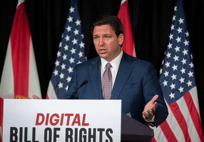 Florida Governor Ron DeSantis speaks about a proposal to create a digital bill of rights during a press conference at Palm Beach Atlantic University in West Palm Beach, Florida on February 15, 2023.