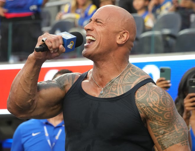 Actor Dwayne Johnson before the game between the Los Angeles Rams and the Buffalo Bills  at SoFi Stadium on Sept. 8, 2022.
