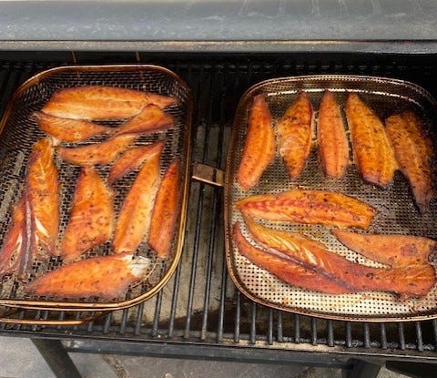 Some teriyaki-flavored pompano, straight from the ocean to Marco Pompano's smoker.