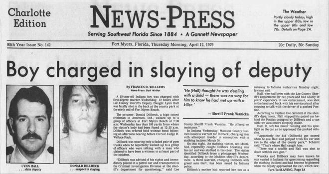 A clipping from an April 1979 edition of the Fort Myers News-Press showing when a teenage Donald Dillbeck was arrested in the killing of Lee County Deputy Lynn Hall.