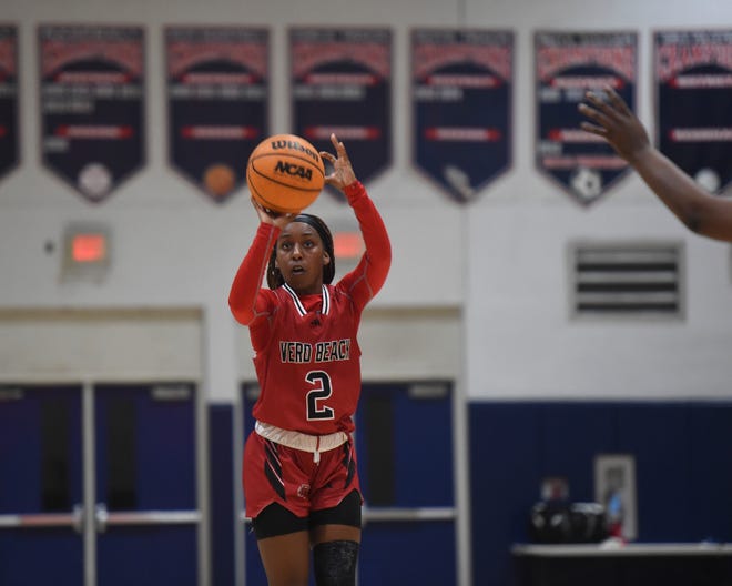 Vero Beach’s Ratajah Dawson (2) shoots the ball against St. Lucie West Centennial in a girls basketball 2-7A regional quarterfinal on Thursday, Feb. 9, 2023, at St. Lucie West Centennial High School. Vero Beach won 63-24.