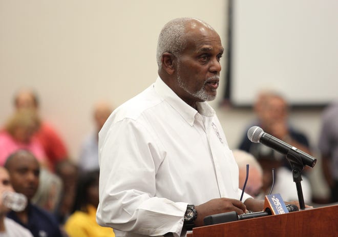 Indian River County NAACP President Anthony Brown speaks at a school board meeting on Monday, Feb. 27, 2023, in Vero Beach. “When you objectively look at the recent attacks on education in Florida,” Brown said, “One must admit they all appear to be racially motivated, at a minimum, or have racial undertones.” Brown, along with other members of the public, spoke on a variety of issues concerning the school district, some with support of Indian River School Board member Peggy Jones and Brian Barefoot who were recently targeted by Gov. Ron DeSantis for not supporting parents rights.