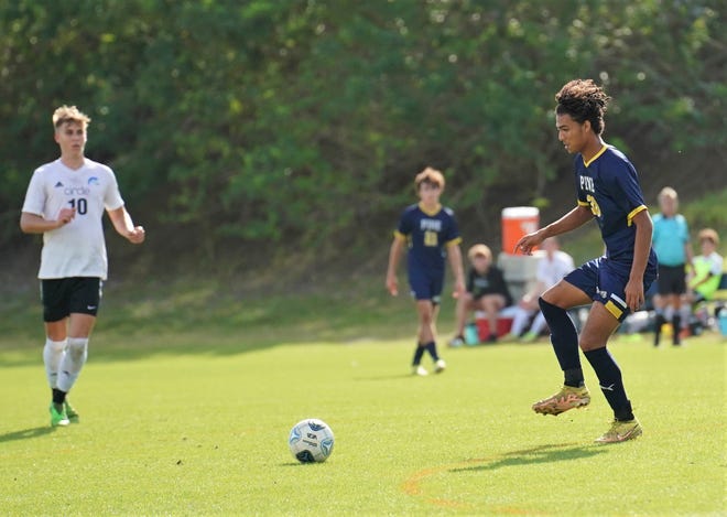 Pine School's Max Charles takes in a pass during a Region 2-2A semifinal against Circle Christian on Saturday, Feb. 11, 2023 in Hobe Sound. Charles scored in the 58th minute helping the Knights earn a 2-0 victory.