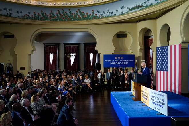 President Joe Biden speaks about his administration's plans to protect Social Security and Medicare and lower healthcare costs, Thursday, Feb. 9, 2023, at the University of Tampa in Tampa, Fla. (AP Photo/Patrick Semansky)