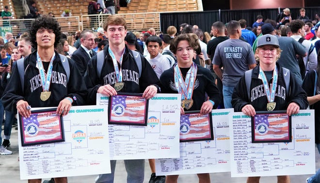 Jensen Beach's Jewell Williams (145 pounds), Dylan Fox (152 pounds), Sebastian Degennaro (120 pounds) and Ryan Mooney (126 pounds) won individual state titles helping the Falcons win the 1A team title at the FHSAA Championships on Saturday, Mar. 4, 2023 at Silver Spurs Arena in Kissimmee.
