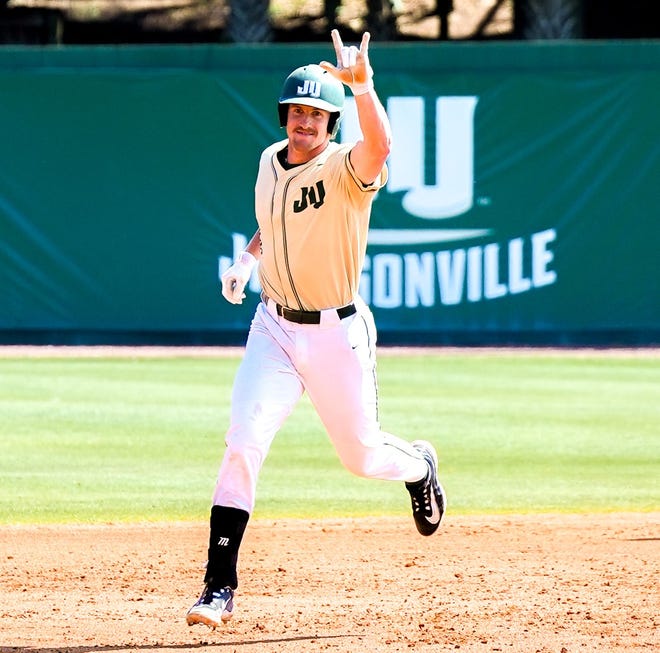 Kris Armstrong of Jacksonville University rounds the bases after hitting a home run on March 12 against Bradley.