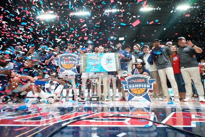FAU celebrates after earning a trip to the NCAA Tournament after defeating the University of Alabama-Birmingham in the Conference USA Tournament Championship at Ford Center at The Star in Frisco, Texas on March 11, 2023.
