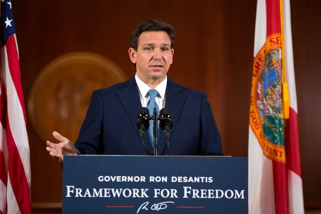 Florida Gov. Ron DeSantis announces his budget for the new fiscal year at the Florida Capitol on Wednesday, Feb. 1, 2023 in Tallahassee, Fla.