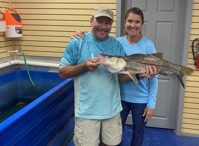 Pat Laurienti, with his wife Dena, shows off a snook that checked in at 9-plus pounds. He caught is this past week under the Old Dixie Highway Bridge in the Tomoka River.