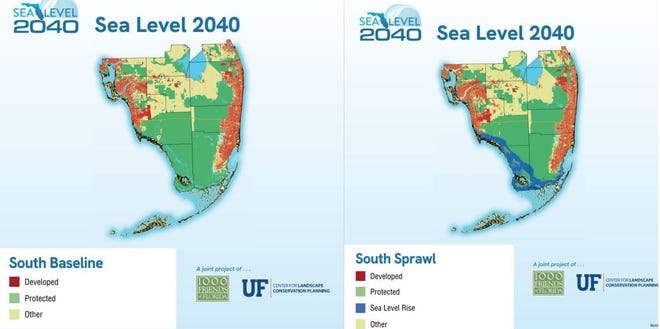 A study by the University of Florida and 1000 Friends of Florida looked at how sea level rise and population growth could affect South Florida's land use and residential retreat from the coast. The baseline is current conditions compared to what it could look like in 2040 if unfettered development is allowed.