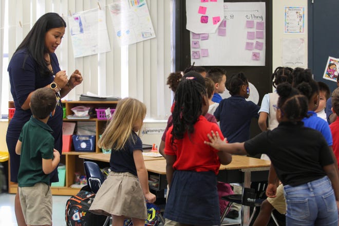 Elena Jaramillo, a kindergarten teacher at River's Edge Elementary in Port St. Lucie, gathers her students to head outside for an activity on Thursday, March 9, 2023.