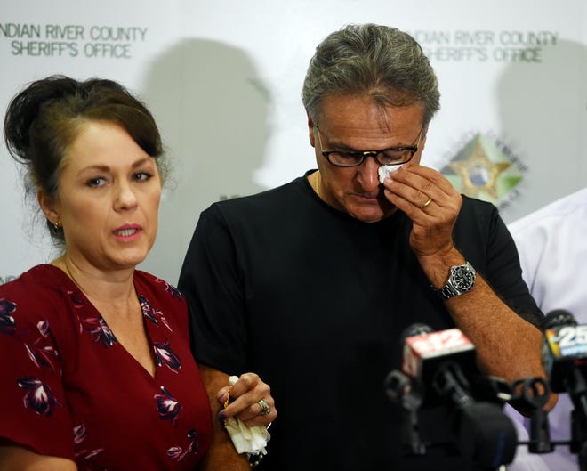 An emotional Patrick Tomassi wipes tears away as he and daughter-in-law Cary Baker make another plea to the public for information Tuesday, August 7, 2018, concerning the disappearance of Susy Tomassi, 73, during a press conference at the Indian River County Sheriff's Office. Susy Tomassi, who has dementia, walked away from the family restaurant, Quilted Giraffe, and was last seen on security cameras in the South Vero Square shopping plaza. "The case is active, it's not in any way cold, it's being investigated daily," said Detective Mike Dilks, the lead on the investigation. "This is in no way a cold case, this is not a case on the back burner. This case is front and center of my career." The family is offering a $15,000 reward for her safe return.