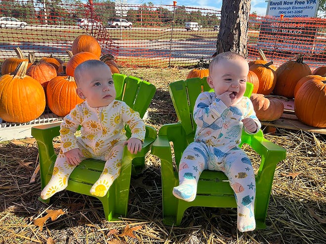 In October 2022, Celeste (from left) and Mateo del Rosal experienced their first pumpkin patch. They were born prematurely in December 2021 and are awaiting the homecoming of their twin siblings, born in December 2022.