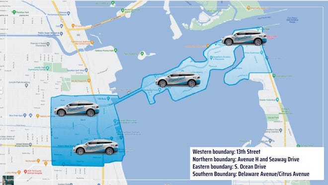 Fort Pierce Freebee rides are available in the area bordered by Avenue H and Seaway Drive, Delaware Avenue/Citrus Avenue, South Ocean Drive and 13th Street.