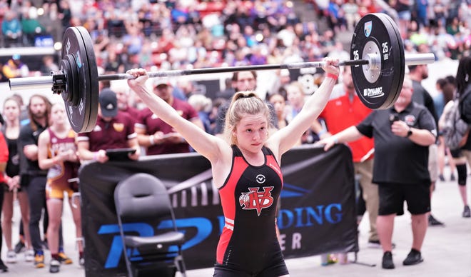 Vero Beach's Karma French competes in the snatch event as part of the Olympic lifts portion of the FHSAA Girls Weightlifting Championships that took place on Saturday, Feb. 18, 2023 at the RP Funding Center in Lakeland. French won the gold medal in the Olympic lifts at 110 pounds in 3A.