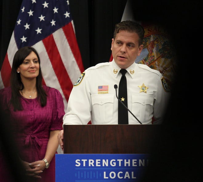 Sheriff Eric Flowers speaks at Indian River State College during a press conference alongside Lt. Gov. Jeanette Nuñez announcing the launch of Florida’s local government cybersecurity grant program on Friday, March 10, 2023, in Indian River County.