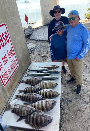 Doug Davis and wife Lisa (front) and friend Mark went fishing with Capt. Jeff Patterson and returned to fill the filet table with sheepshead, blues, and one lonely flounder down there at the end.