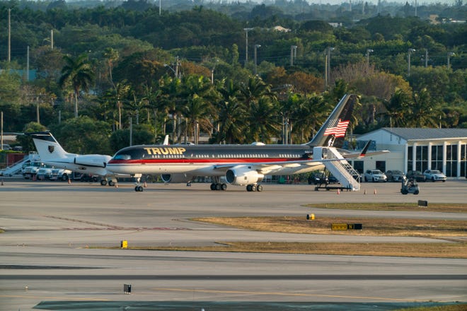 Former president Donald Trump's 757 jet is parked at Palm Beach International Airport in West Palm Beach, Florida on Thursday.