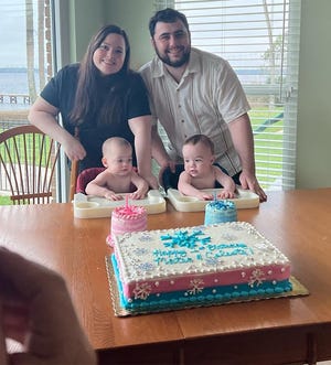 Megan and Nicolas del Rosal with their first set of twins Celeste (from left) and Mateo on their first birthday in December 2022. Later that month, Megan delivered their second set of twins, prematurely, at 25 weeks.