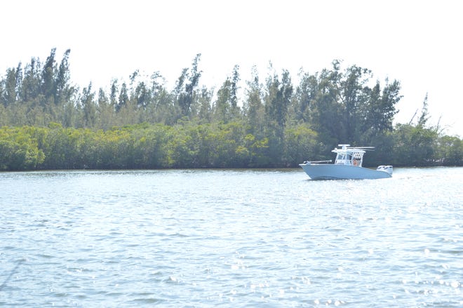 A boater passes through the channel between Veterans Island Memorial Sanctuary park and an island in the Indian River Lagoon which was the location of a ongoing police search effort for a German shepherd last reported Monday, Feb. 27, 2023 following days of sightings.