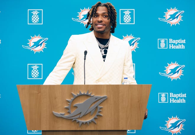 Miami Dolphins cornerback Jalen Ramsey is introduced during a news conference March 16, 2023.