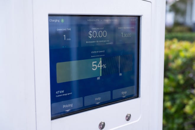 The user interface of a level 3 electric vehicle charger. Users at a charging station can refer to the screen to view the estimated amount of time left to their designated full charge, as well as the fee incurred for the electricity.