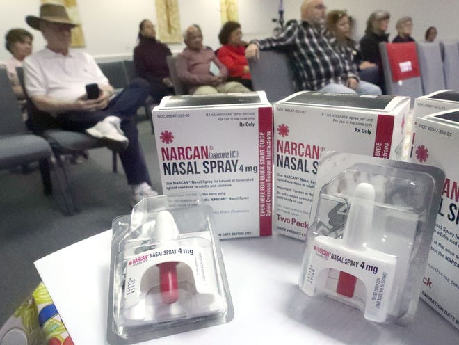 Narcan nasal spray, which reverses opioid overdoses, is pictured during a training session for members of Iglesia Pentecostal Ebenezer de Bunnell Church by the Flagler County Drug Court Foundation, Saturday February 4, 2023.