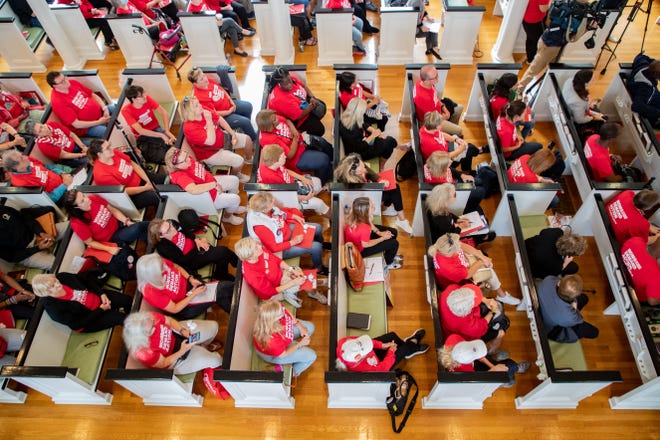 Members of Moms Demand Action and allies rallied together in Tallahassee, Florida to make their voices were heard as they called for stricter gun regulations Thursday, March 9, 2023.