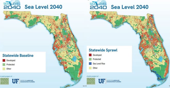 A University of Florida and 1000 Friends of Florida study looked at sea level rise, population growth and land development through 2040. The image on the left is a current depiction of Florida. The image on the right considers what would happen if additional lands are left unprotected from development.