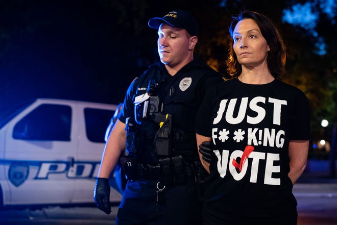 Democratic Chair Nikki Fried was arrested by the Tallahassee Police Department along with Sen. Lauren Book and about a dozen activists who were sitting in a circle singing ÒLean on MeÓ outside of City Hall on Monday, April 3, 2023. The group was speaking out in opposition to SB 300, which would put in place a six-week abortion ban.