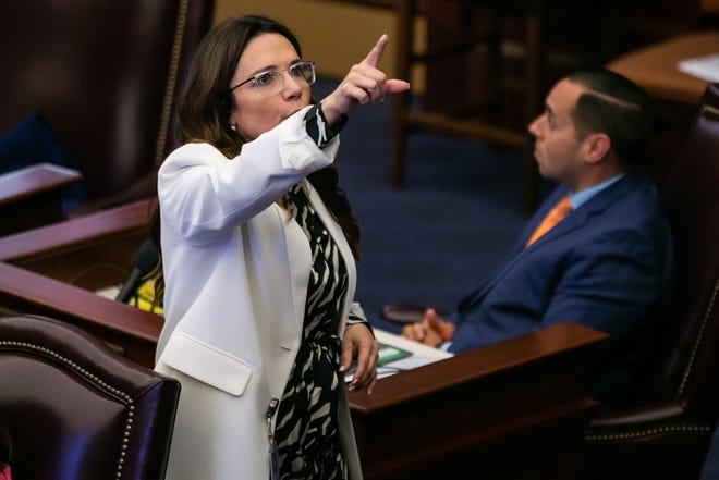 Sen. Ileana Garcia yells at people in the gallery to "be quiet" during debate over SB 300 on Monday, April 3, 2023. The proposed bill would would place a ban on abortions after six-weeks.
(Photo: Alicia Devine/Tallahassee Democrat)