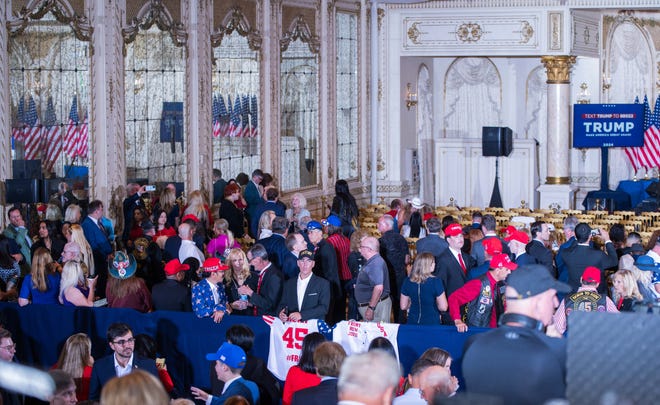 Guests inside the Mar-A-Lago main ballroom before the start of a press event at Mar-A-Lago on Tuesday, April 4, 2023, in Palm Beach FL. Former President Donald Trump returned to Mar-A-Lago Tuesday evening after facing arraignment in New York earlier in the day.
