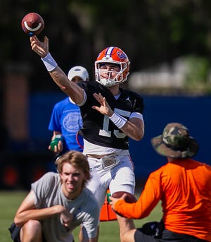 Florida Gators quarterback Graham Mertz (15) passes during drills. The University of Florida Football team held  their 2023 Football Spring Practice Tuesday afternoon, April 4, 2023 at Sanders Football Practice Field at the University of Florida in Gainesville, FL. [Doug Engle/Ocala Star Banner]2023 t