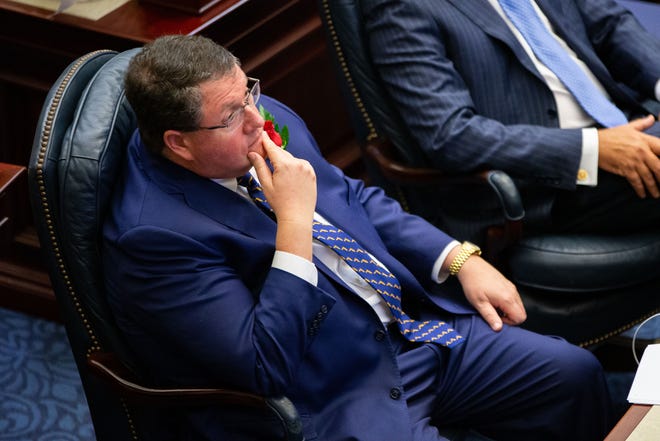 Rep. Randy Fine listens to Speaker Paul Renner as he gives his opening remarks on the first day of the 2023 Florida Legislative Session, Tuesday, March 7, 2023.